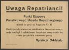 Afisz informujący osadników o lokalizacji Punktu Etapowego Państwowego Urzędu Repatriacyjnego w Szczecinie przy ul. Augusta 17 (d. Augustastrasse, ob. ul. Małopolska), 1945 r.